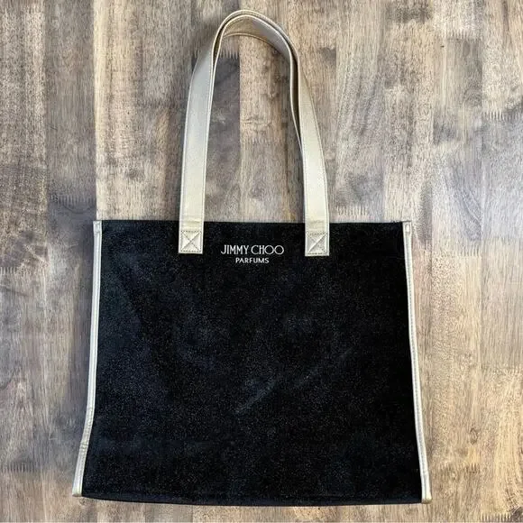 Jimmy Choo Parfums Tote Bag Black Velvet Gold Metallic Sparkle Drop Handle - Picture 3 of 10